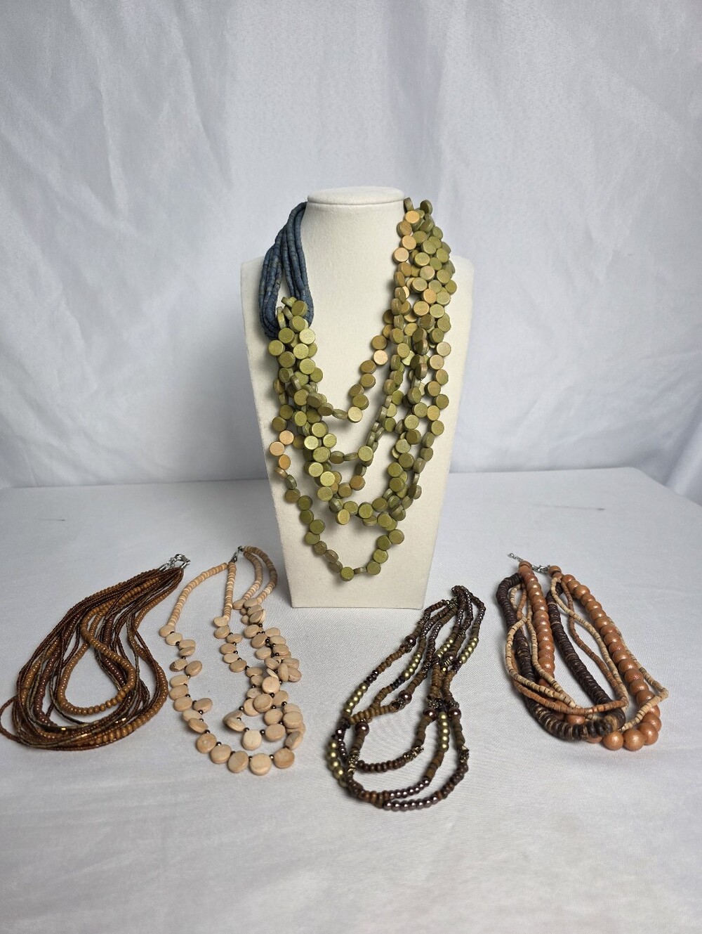 Curated Lot Of 5 Earth Tone Boho Wood & Seed Bead Necklaces